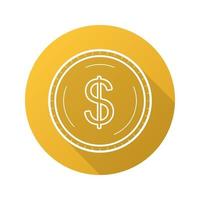 Gold dollar coin flat linear long shadow icon. Vector line symbol