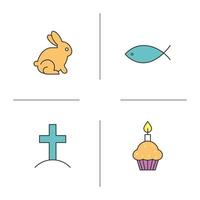 Easter color icons set. Cross on hill, Easter bunny, cake with candle, fish. Isolated vector illustrations