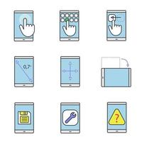 conjunto de iconos de colores de teléfonos inteligentes. pantalla táctil, teclado, gesto de arrastre, rotación de la pantalla, tamaño de pulgadas, cambio de tamaño de la pantalla, botón de guardar, configuración, preguntas frecuentes. ilustraciones vectoriales aisladas vector