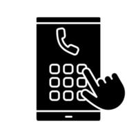 Hand dialing phone number glyph icon. Silhouette symbol. Smartphone keypad. Negative space. Vector isolated illustration