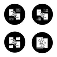 Smartphone displays glyph icons set. Mobile phone settings, security synchronization, file manager. Vector white silhouettes illustrations in black circles