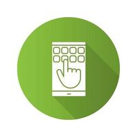 Smartphone touchscreen and keypad flat design long shadow glyph icon. Hand entering smartphone password. Typing message. Vector silhouette illustration