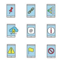 Smartphone color icons set. File attach, link, content sharing, cloud storage, e-mail, info, error, GPS navigation, no signal. Isolated vector illustrations