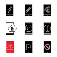 Smartphone glyph icons set. File attach, link, content sharing, cloud storage, e-mail, info, error, GPS navigation, no signal. Silhouette symbols. Vector isolated illustration