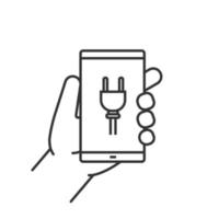 Hand holding smartphone linear icon. Thin line illustration. Smart phone charging contour symbol. Vector isolated outline drawing