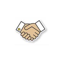 Handshake patch. Partnership. Business agreement. Color sticker. Vector isolated illustration