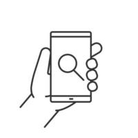 Hand holding smartphone linear icon. Thin line illustration. Smartphone search app contour symbol. Vector isolated outline drawing