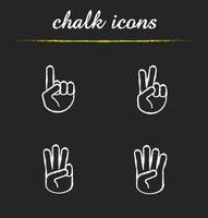 Hand gestures chalk icons set. One, two, three and four fingers up. Isolated vector chalkboard illustrations