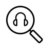 Online music search linear icon. Thin line illustration. Magnifying glass with headphones contour symbol. Vector isolated outline drawing