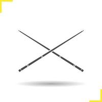 Crossed billiard cues glyph icon. Drop shadow silhouette symbol. Negative space. Vector isolated illustration