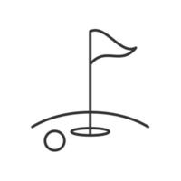 Golf course linear icon. Thin line illustration. Golf ball, flagstick in hole. Contour symbol. Vector isolated outline drawing