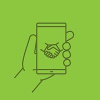 Hand holding smartphone color linear icon. Smart phone business app. Thin line contour symbols on color background. Vector illustration