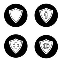 Protection shields icons set. Medical insurance, bodyguard, network security. Vector white silhouettes illustrations in black circles