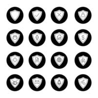 Protection shields icons set. Email, people, house, internet network and connection, money security. Business and technology concepts. Vector white silhouettes illustrations in black circles