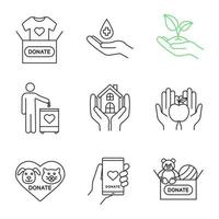 Charity linear icons set. Thin line contour symbols. Blood, toys, clothes, food donation, greening, fundraising, shelter for homeless, animals welfare. Isolated vector outline illustrations