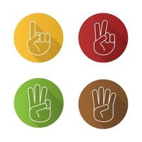 Hand gestures flat linear long shadow icons set. One, two, three and four fingers up. Vector line illustration