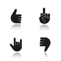 Hand gestures drop shadow black icons set. Thumbs up, dislike, heavy metal, middle finger up. Isolated vector illustrations