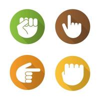 Hand gestures flat design long shadow icons set. Squeezed and raised fists, hands pointing right and up. Vector silhouette illustration