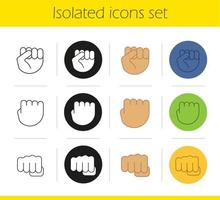 Punch hand gestures icons set. Linear, black and color styles. Squeezed fists. Isolated vector illustrations