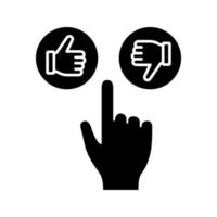 Like and dislike buttons click glyph icon. Silhouette symbol. Thumbs up and down. Hand pushing button. Negative space. Vector isolated illustration