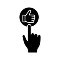 Like button click glyph icon. Thumbs up. Hand pushing button. Silhouette symbol. Negative space. Vector isolated illustration