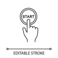 Start button click linear icon. Launch. Hand pushing button. Thin line illustration. Contour symbol. Vector isolated outline drawing. Editable stroke