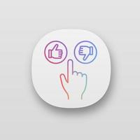 Like and dislike buttons click app icon. UI UX user interface. Thumbs up and down. Hand pushing button. Web or mobile application. Vector isolated illustration