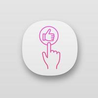 Like button click app icon. UI UX user interface. Thumbs up. Hand pushing button. Web or mobile application. Vector isolated illustration