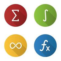 Mathematics flat design long shadow glyph icons set. Sigma, integral, infinity sign, function. Vector silhouette illustration