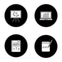 Mathematics glyph icons set. Rough draft, math textbook, whiteboard, statistics. Vector white silhouettes illustrations in black circles