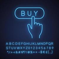 Buy button neon light icon. Add to cart. Online shopping. Digital purchase. Glowing sign with alphabet, numbers and symbols. Vector isolated illustration