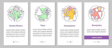 Plants onboarding mobile app page screen with linear concepts. Garden flowers, trees, houseplants, bouquets steps graphic instructions. UX, UI, GUI vector template with illustrations