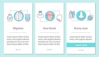 Flu symptoms onboarding mobile app page screen with linear concepts. Migraine, sore throat, runny nose steps graphic instructions. UX, UI, GUI vector template with illustrations