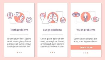 Health problems onboarding mobile app page screen with linear concepts. Teeth, lungs, vision problems steps graphic instructions. UX, UI, GUI vector template with illustrations