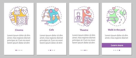 Types of dates onboarding mobile app page screen with linear concepts. Cinema, cafe, theater, walk in the park steps graphic instructions. UX, UI, GUI vector template with illustrations