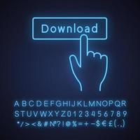 Download button click neon light icon. Data receiving. Hand pressing button. Download app. Glowing sign with alphabet, numbers and symbols. Vector isolated illustration