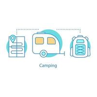 Camping concept icon. Outdoor recreation idea thin line illustration. Camping trailer, backpack, map. Vector isolated outline drawing