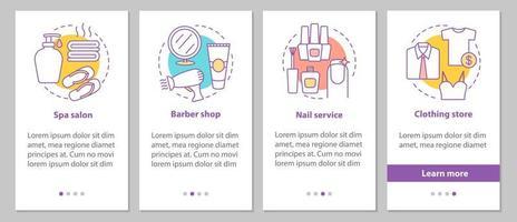 Beauty services onboarding mobile app page screen with linear concepts. Manicure, barbershop, spa salon, clothing store steps graphic instructions. UX, UI, GUI vector template with illustrations