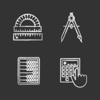 Mathematics chalk icons set. Protractor, ruler, drawing compass, abacus, calculator. Isolated vector chalkboard illustrations