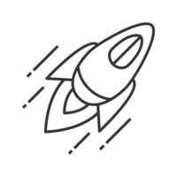 Rocket linear icon. Thin line illustration. Startup launch. Flying spaceship. Contour symbol. Vector isolated outline drawing