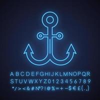 Anchor neon light icon. Glowing sign with alphabet, numbers and symbols. Vector isolated illustration