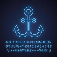 Anchor neon light icon. Glowing sign with alphabet, numbers and symbols. Vector isolated illustration