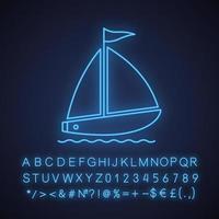 Sailboat neon light icon. Yachting. Glowing sign with alphabet, numbers and symbols. Vector isolated illustration