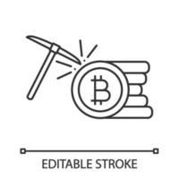 Cryptocurrency mining service linear icon. Bitcoin crypto mining. Thin line illustration. Cryptocurrency business. Bitcoin coins stack with pickaxe. Vector isolated outline drawing. Editable stroke