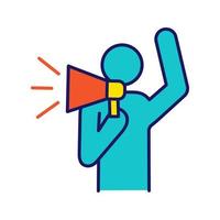 Protester color icon. Protest individual action. Breaking news. Protest speech. Man shouting slogans. Person holding megaphone. Isolated vector illustration