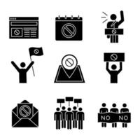 Protest action glyph icons set. Protest banner, date, protester, internet news, location, email, picket, strike, speech. Silhouette symbols. Vector isolated illustration