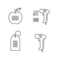 Barcodes linear icons set. Product barcode, qr and linear codes scanner, hang tag, wireless handheld reader. Thin line contour symbols. Isolated vector outline illustrations. Editable stroke