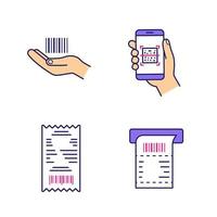 Brcodes color icons set. Linear barcode in hand, QR codes scanning app, cash receipt, ATM paper check. Isolated vector illustrations