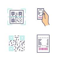 Brcodes color icons set. QR code scanning, paper receipt in hand, matrix barcode, paper check. Isolated vector illustrations