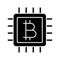 CPU mining glyph icon. Cryptocurrency mining hardware. Bitcoin sign inside microchip. Silhouette symbol. Negative space. Digital money. Vector isolated illustration